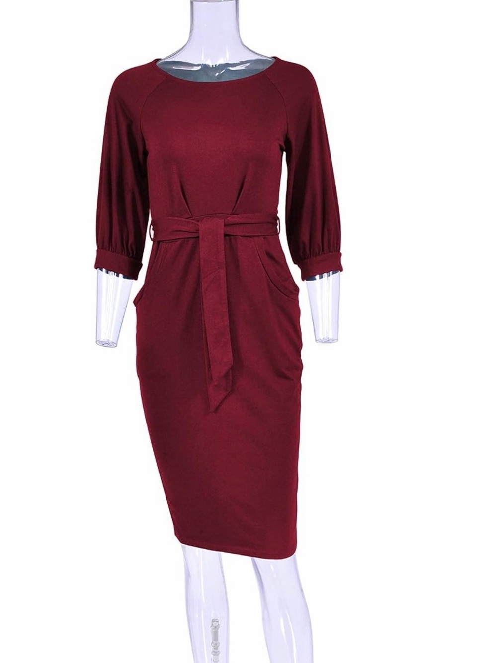 Classic Belted Midi Sheath Dress in Burgundy